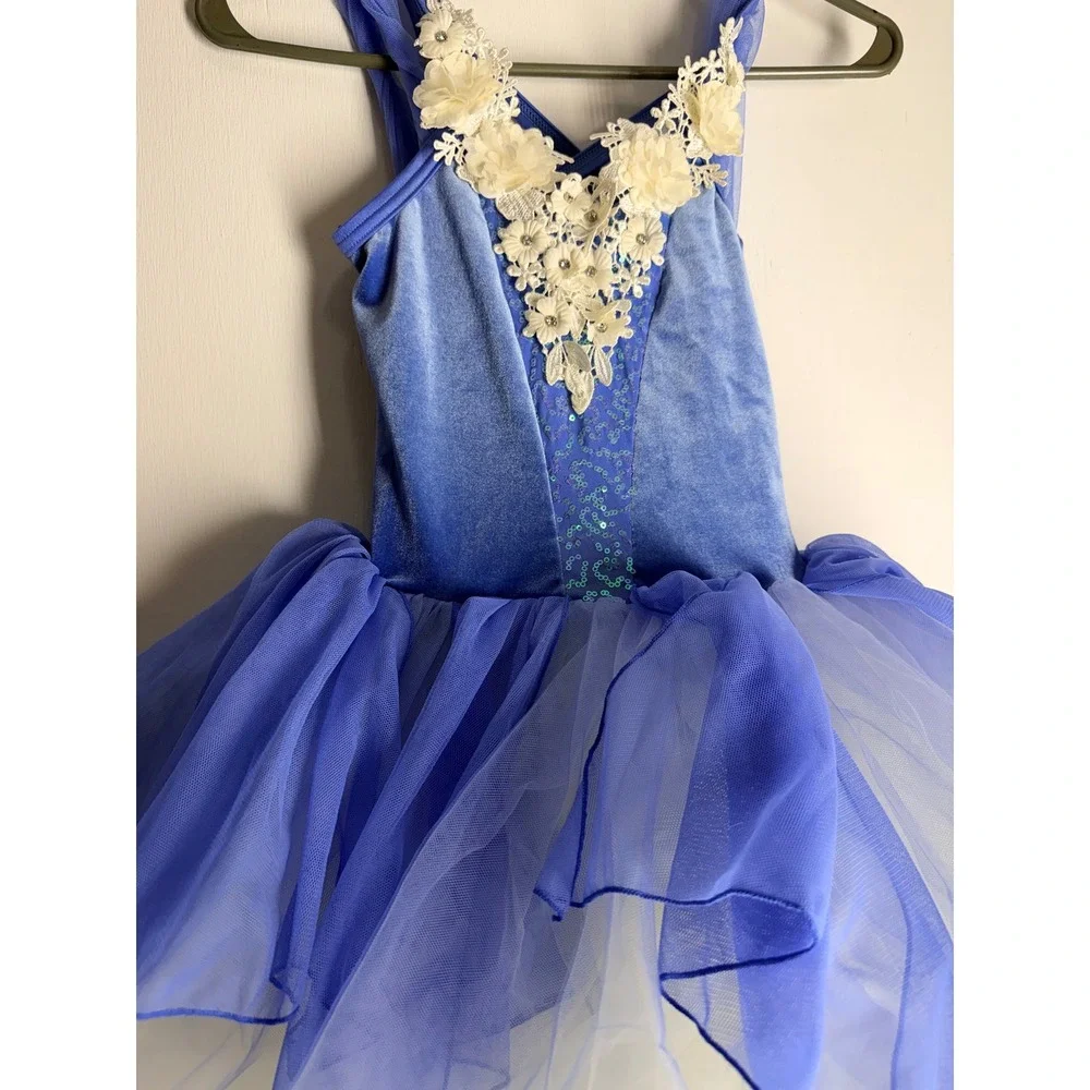Weissman Blue Velvet Floral Lace Tutu Dance Costume Leotard Kids MC Performance